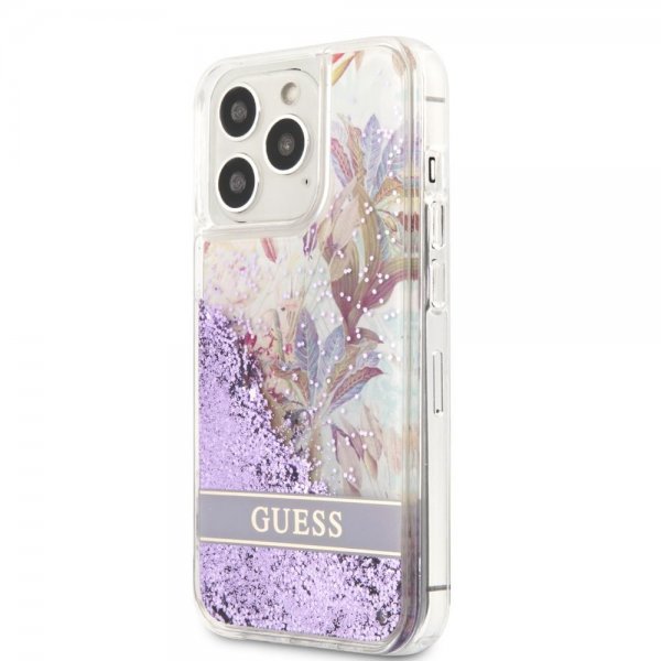 Guess iPhone 13 Pro Deksel Liquid Glitter Flower Pattern Lilla