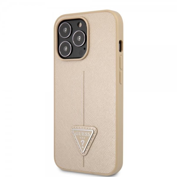 Guess iPhone 13 Pro Deksel Saffiano Metal Triangle Beige