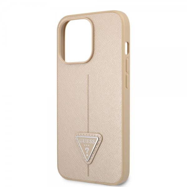 Guess iPhone 13 Pro Deksel Saffiano Metal Triangle Beige