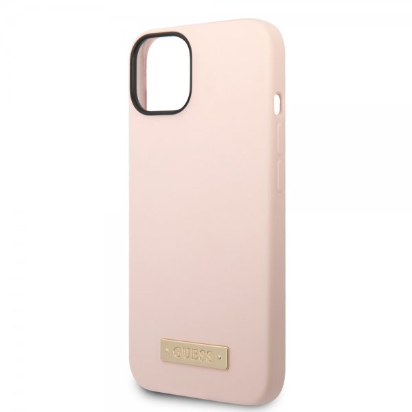Guess iPhone 14 Plus Deksel Silicone Metal Plate MagSafe Rosa