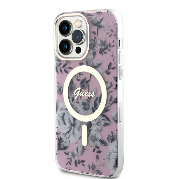 Guess iPhone 14 Pro Max Deksel Flower MagSafe Rosa