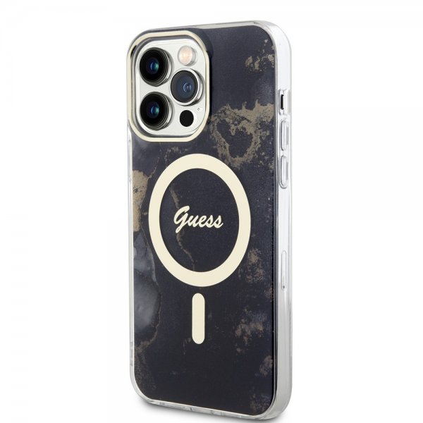 Guess iPhone 14 Pro Max Deksel Golden Marble MagSafe Svart
