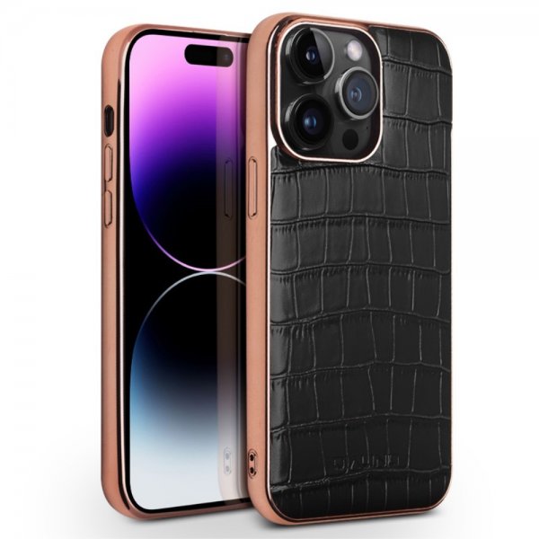 Qialino iPhone 14 Pro Max Deksel Krokodillemønster MagSafe Svart