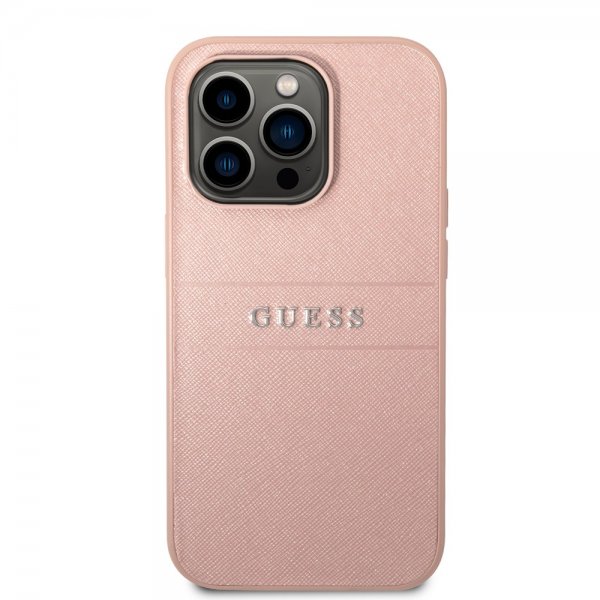 Guess iPhone 14 Pro Max Deksel Saffiano Metal Logo Stripes Rosa