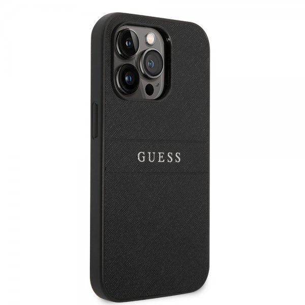 Guess iPhone 14 Pro Max Deksel Saffiano Metal Logo Stripes Svart