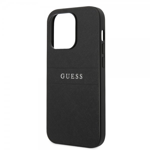 Guess iPhone 14 Pro Max Deksel Saffiano Metal Logo Stripes Svart