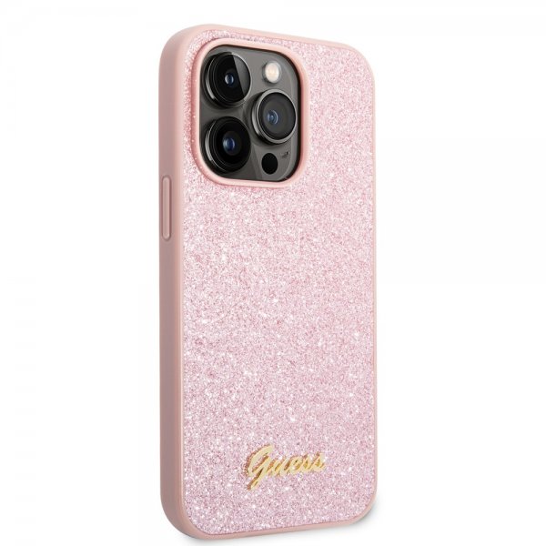 Guess iPhone 14 Pro Deksel Glitter Flakes Metal Logo Rosa