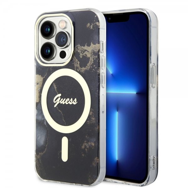 Guess iPhone 14 Pro Deksel Golden Marble MagSafe Svart