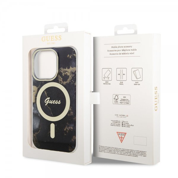 Guess iPhone 14 Pro Deksel Golden Marble MagSafe Svart