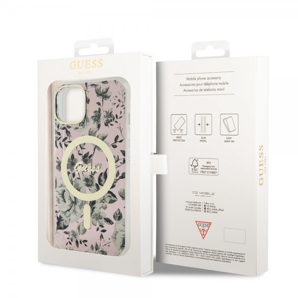 Guess iPhone 14 Deksel Flower MagSafe Rosa