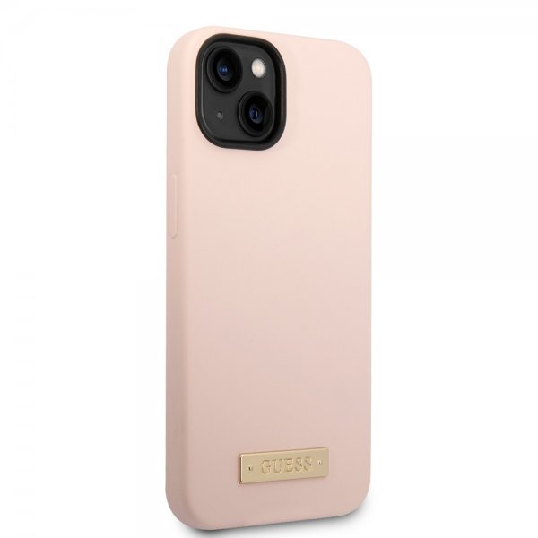 Guess iPhone 14 Deksel Silicone Metal Plate MagSafe Rosa