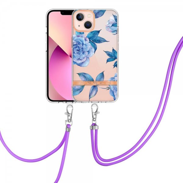 iPhone 15 Plus Deksel Blomstermønster Stropp Blå Pion