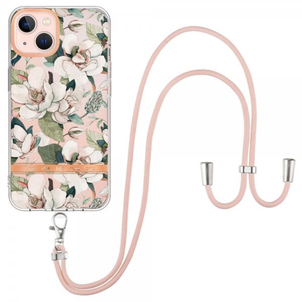 iPhone 15 Plus Deksel Blomstermønster Stropp Grønn Gardenia