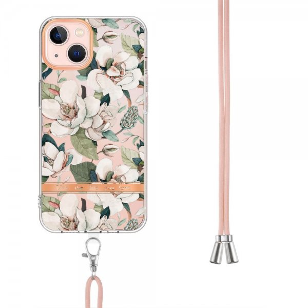 iPhone 15 Plus Deksel Blomstermønster Stropp Grønn Gardenia