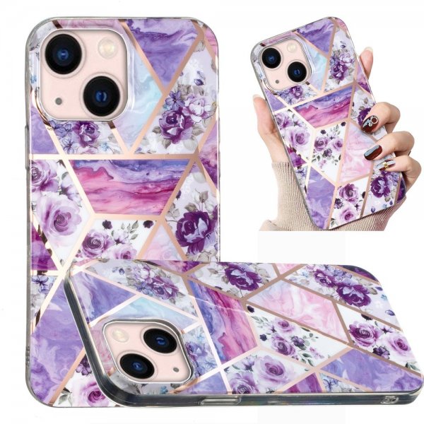 iPhone 15 Plus Deksel Marmormønster Blomster Lilla
