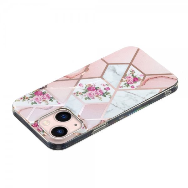 iPhone 15 Plus Deksel Marmormønster Blomster Rosa