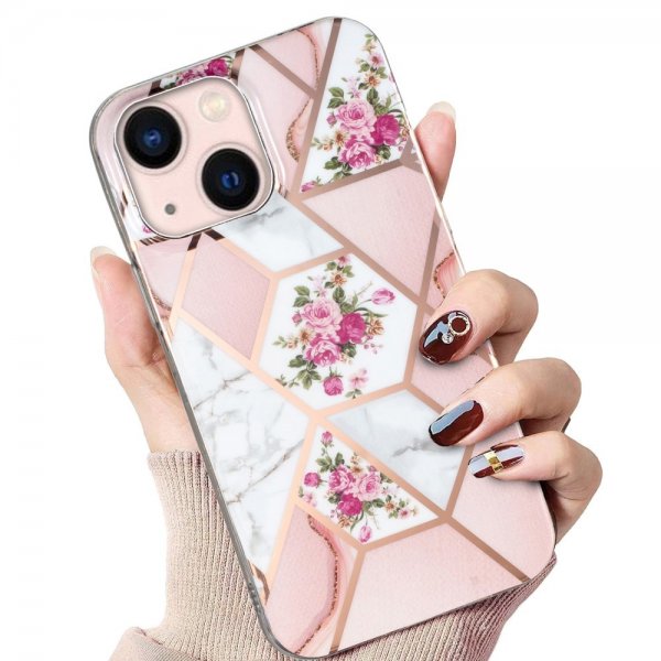 iPhone 15 Plus Deksel Marmormønster Blomster Rosa