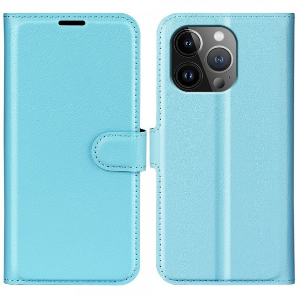 iPhone 15 Pro Etui Litchi Blå