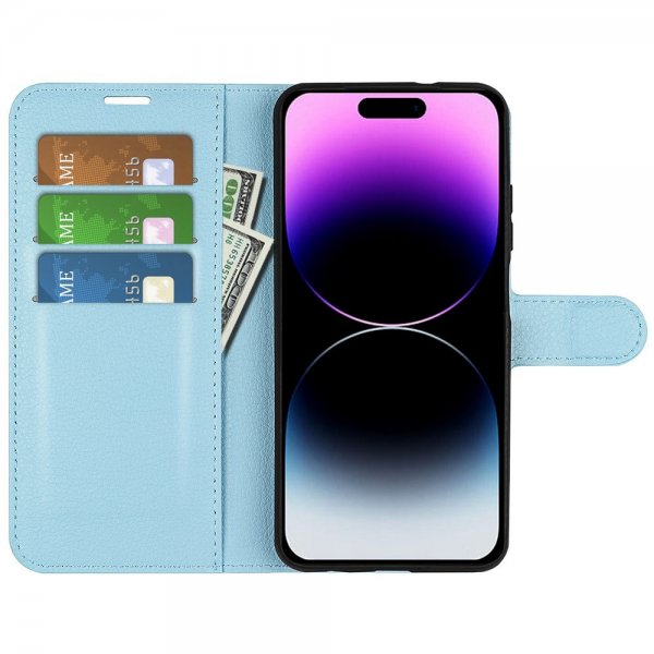 iPhone 15 Pro Etui Litchi Blå