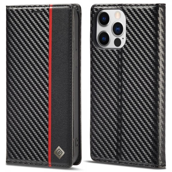 Lc.Imeeke iPhone 15 Pro Max Etui Karbonfibertekstur Rød Stripe Vertical Svart