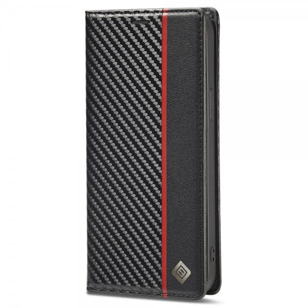 Lc.Imeeke iPhone 15 Pro Max Etui Karbonfibertekstur Rød Stripe Vertical Svart