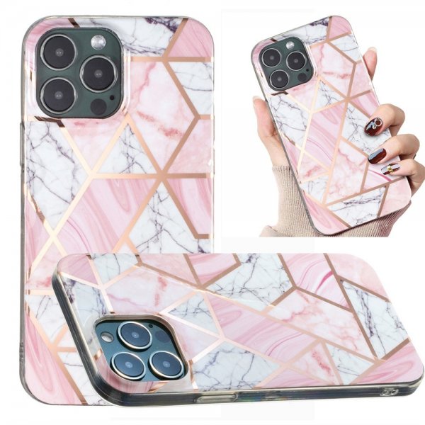 iPhone 15 Pro Max Deksel Marmormønster Rosa Hvit