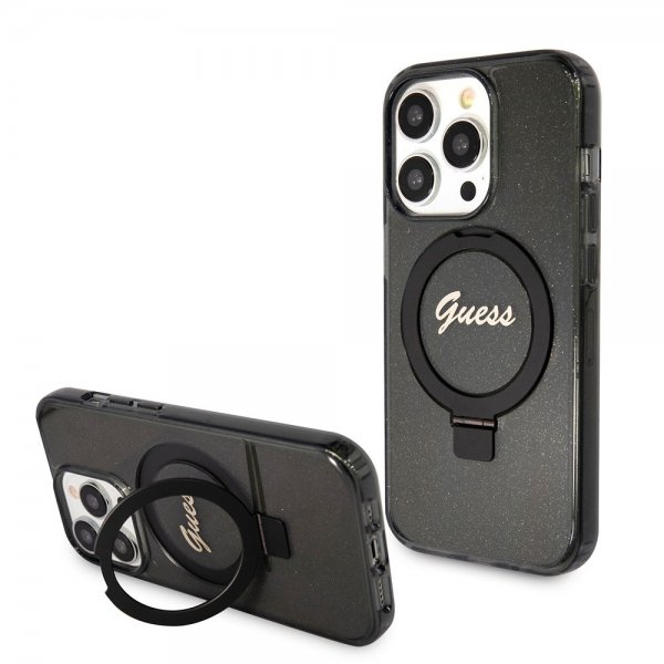 Guess iPhone 15 Pro Max Deksel Ring Stand Glitter MagSafe Svart