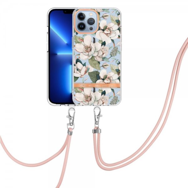 iPhone 15 Pro Deksel Blomstermønster Stropp Grønn Gardenia