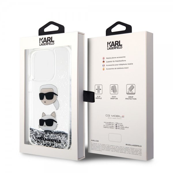 Karl Lagerfeld iPhone 15 Pro Deksel Liquid Glitter Karl & Choupette Sølv