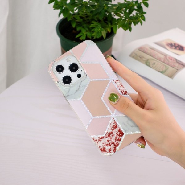 iPhone 15 Pro Deksel Marmormønster Rød Rosa