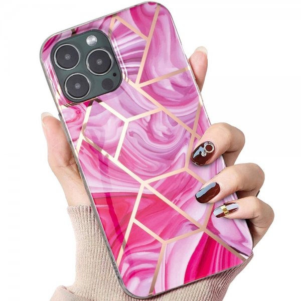 iPhone 15 Pro Deksel Marmormønster Rosa Rød