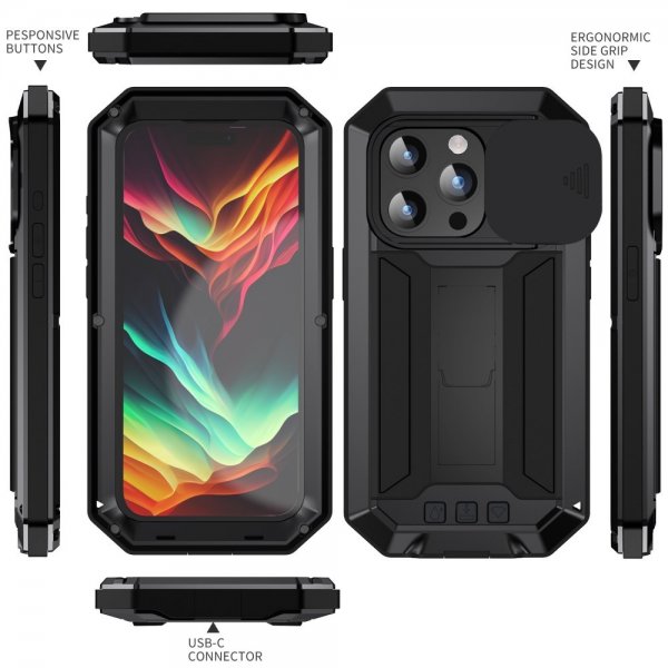 R-JUST iPhone 15 Pro Deksel Metall Støtsikker Kamerabeskyttelse Svart