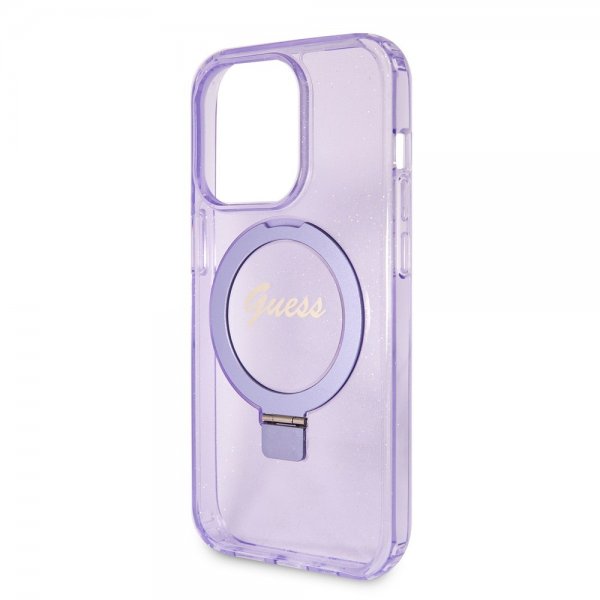 Guess iPhone 15 Pro Deksel Ring Stand Glitter MagSafe Lilla