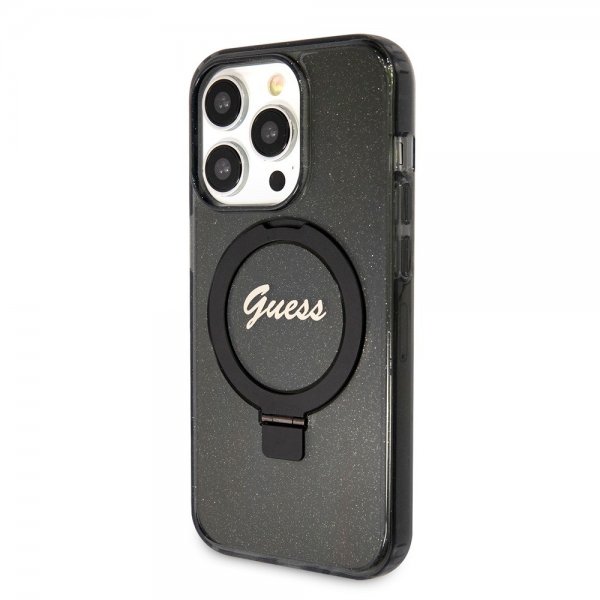 Guess iPhone 15 Pro Deksel Ring Stand Glitter MagSafe Svart
