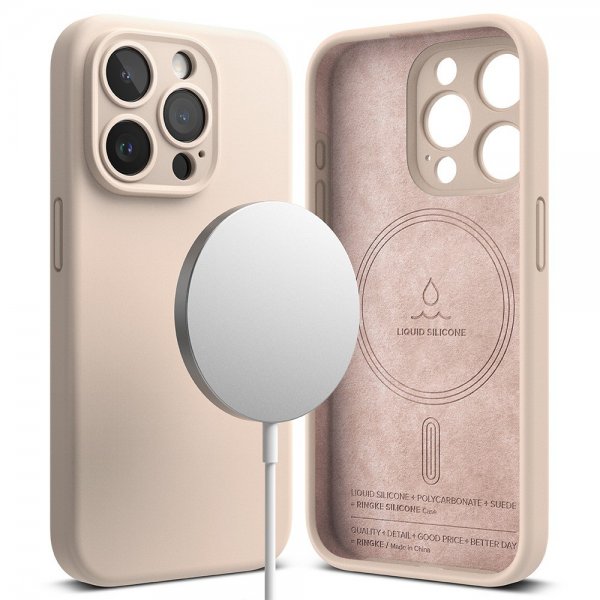 Ringke iPhone 15 Pro Deksel Silicone Magnetic Pink Sand