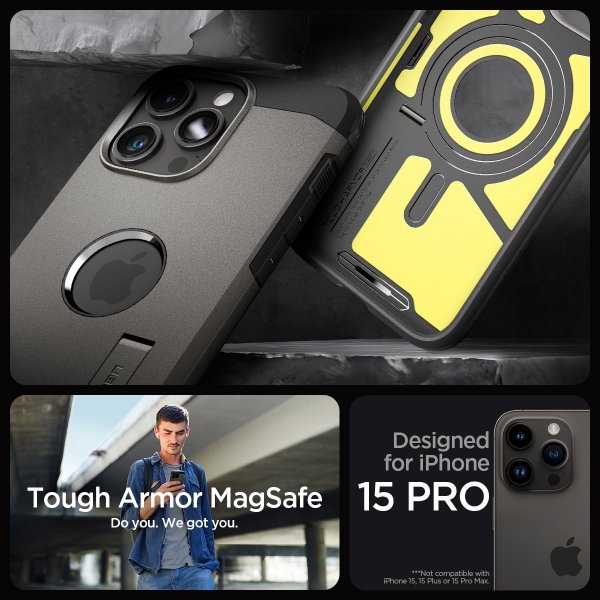 Spigen iPhone 15 Pro Deksel Tough Armor MagFit Gunmetal