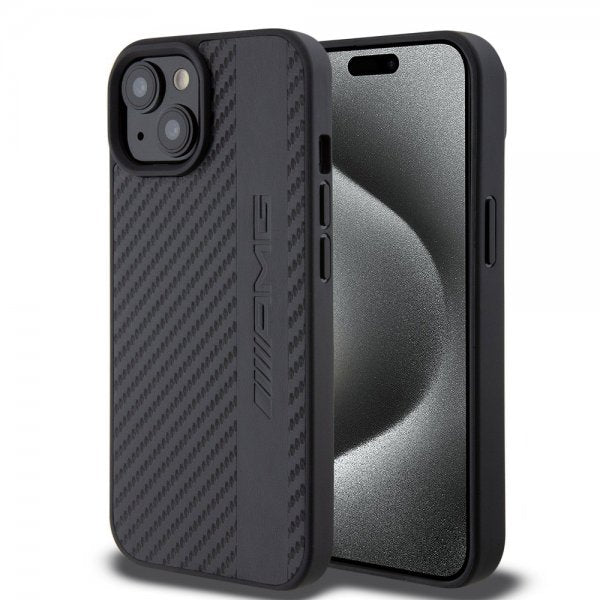 Mercedes Benz iPhone 15 Deksel Carbon Effect Leather Stripe AMG Svart