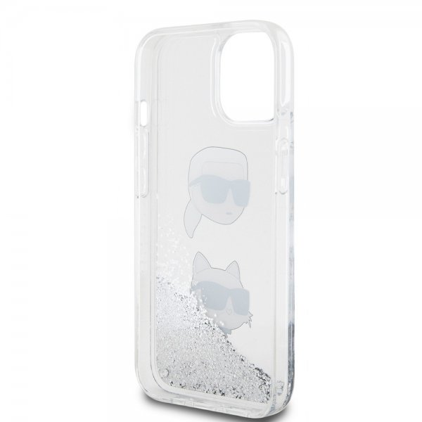 Karl Lagerfeld iPhone 15 Deksel Liquid Glitter Karl & Choupette Sølv