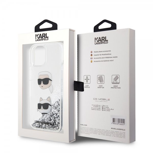 Karl Lagerfeld iPhone 15 Deksel Liquid Glitter Karl & Choupette Sølv