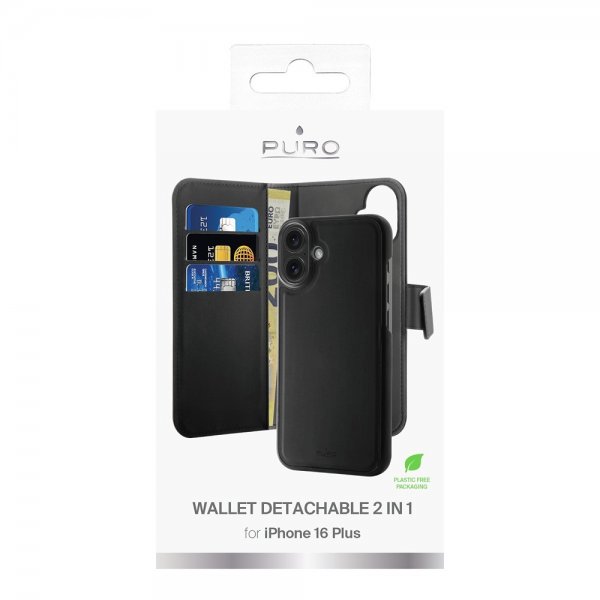 Puro iPhone 16 Plus Etui Wallet Detachable 2 in 1 Svart
