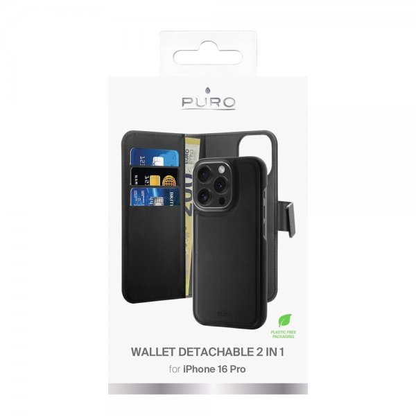 Puro iPhone 16 Pro Etui Wallet Detachable 2 in 1 Svart