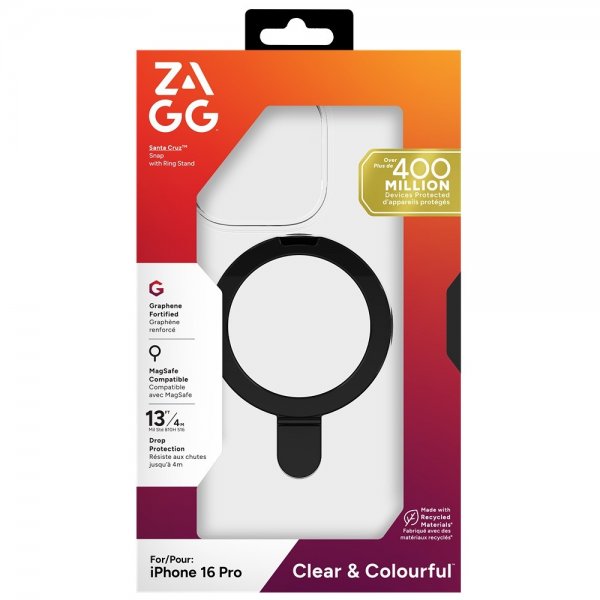 Zagg iPhone 16 Pro Deksel Santa Cruz Snap Ring Stand Svart