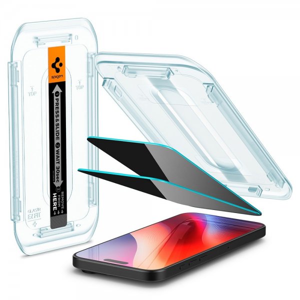 Spigen iPhone 16 Pro/iPhone 17/17 Pro Skjermbeskytter GLAS.tR EZ Fit Privacy 2-pakning