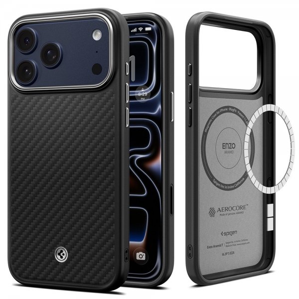 Spigen iPhone 17 Pro Max Deksel Enzo Aramid T MagFit Svart Sølv