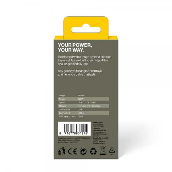 Aqiila Kabel Cablebird CB12 USB-C/USB-C 240W 2m Svart
