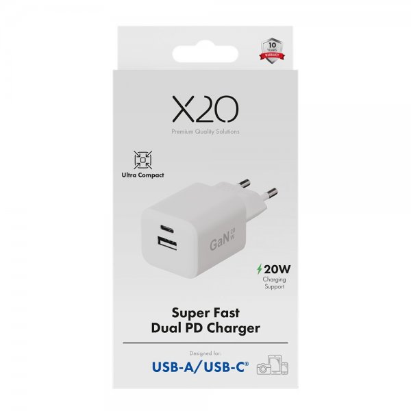 X2O Lader 20W Double USB-C/USB-A GaN Hvit