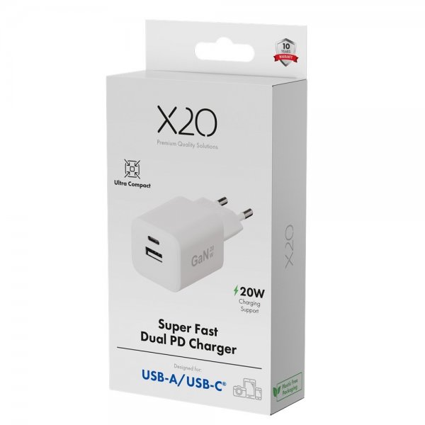 X2O Lader 20W Double USB-C/USB-A GaN Hvit