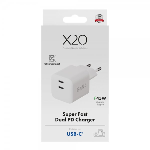 X2O Lader 45W Double USB-C GaN Hvit