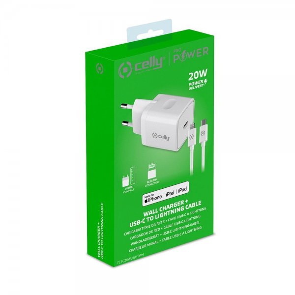 Celly Lader med Lightning-kabel TC1C20WLIGHT 20W Hvit