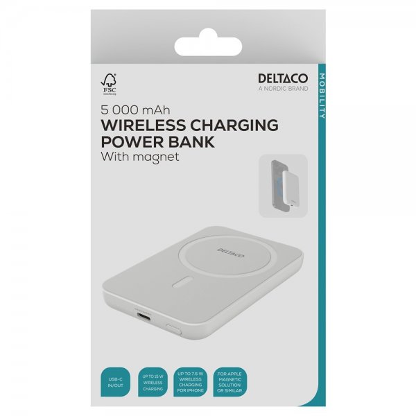 Deltaco MagSafe Powerbank 5000 mAh 20W Hvit